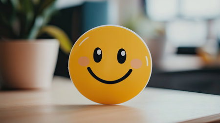 Close-up of a glossy yellow smiley face sticker with a white background highlighting its cheerful expression.の素材