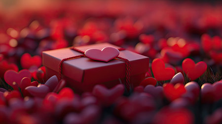 A small, red gift box with a heart-shaped tag, resting among red paper hearts.の素材