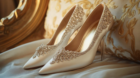 Close-up of delicate white high heel wedding shoes, adorned with rhinestones and set on a silk pillow.の素材