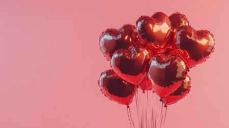 Bouquet of metallic red heart balloons floating against a pastel pink background.の素材