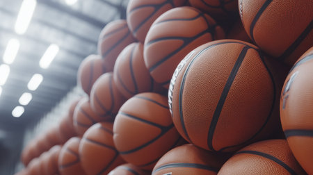 Close-up of a stack of basketballs in a modern gym, highlighting the texture and branding of the balls.の素材