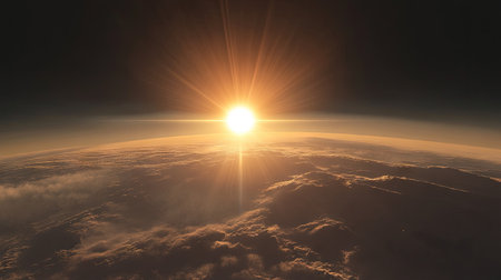 A realistic sun flare with a bright central glow, surrounded by subtle lens flares on a dark surface.の素材