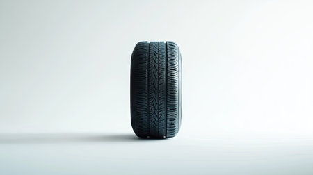 A single car tire positioned flat on a white background, focusing on the tire's smooth surface and detailed tread.の素材