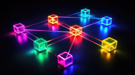 Abstract blockchain concept with colorful D cubes connected by neon lines, representing data securityの素材