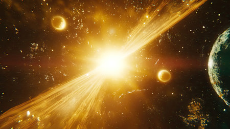 A bright lens flare effect resembling a star, with glowing orbs and light beams piercing through a cosmic mistの素材