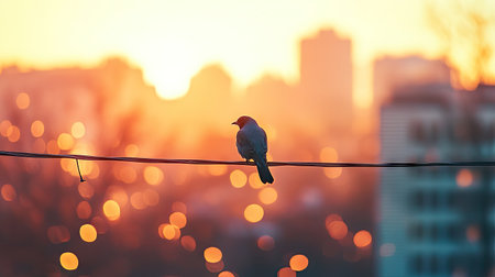A bird on an electric wire with blurred city buildings in the background, highlighting urban wildlifeの素材