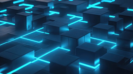 An abstract D illustration of a blockchain network with cubes interconnected by glowing blue pathsの素材