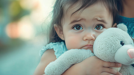 A close-up of a baby girl crying, clutching her stuffed animal tightly for comfortの素材
