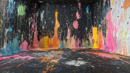 Abstract art scene with multiple bright paint splashes captured in high detail on a black studio floorの素材