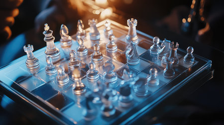 A bird's-eye view of a game in progress on a glass chessboard, with crystal-clear pieces catching ambient lightの素材