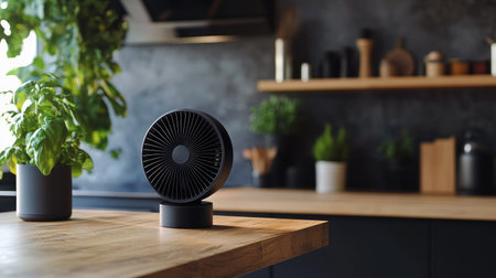 A black tabletop fan with rotating blades, positioned on a wooden table in a modern kitchen spaceの素材
