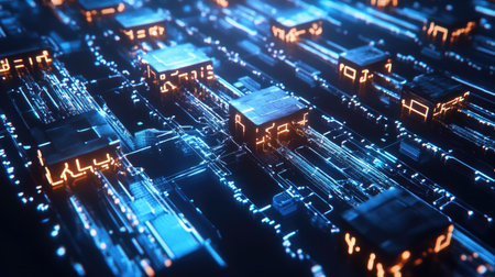 A D blockchain network with transparent blocks connected by glowing lines on a dark blue tech-themed backgroundの素材