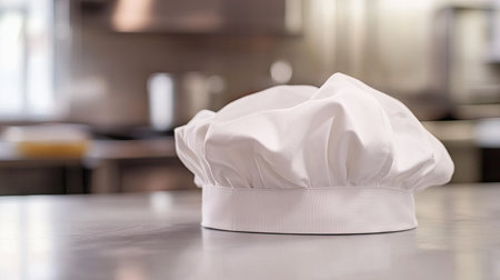 A close-up of a white chef hat resting on a clean countertop, with soft natural light highlighting the fabricの素材