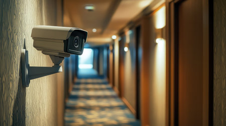 A CCTV camera installed inside a hotel hallway, overseeing guest room doors and common areas for securityの素材