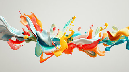 Abstract shapes formed by colorful paint splashes in the air, isolated on a soft gray backgroundの素材