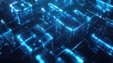 A D blockchain network with transparent blocks connected by glowing lines on a dark blue tech-themed backgroundの素材