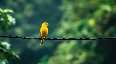 A bright yellow canary sitting on an electric wire, with the lush green forest belowの素材