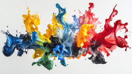 Abstract paint explosion in vivid hues of red, blue, yellow, and green, forming intricate shapes in mid-airの素材