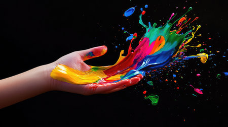 A child's hand splashing vibrant paint onto a blank canvas, symbolizing creativity and playの素材