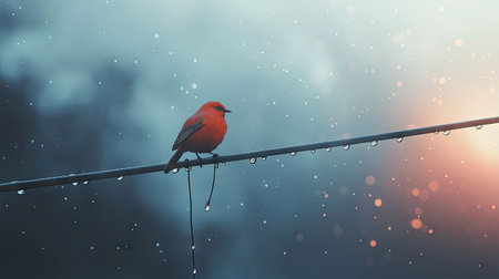 A bird on an electric wire during a light drizzle, with raindrops visible and a grey cloudy skyの素材