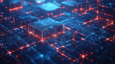 A D blockchain network with transparent blocks connected by glowing lines on a dark blue tech-themed backgroundの素材