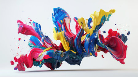 Abstract paint explosion in vivid hues of red, blue, yellow, and green, forming intricate shapes in mid-airの素材