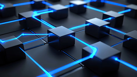 An abstract D illustration of a blockchain network with cubes interconnected by glowing blue pathsの素材