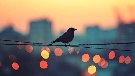 A bird on an electric wire with blurred city buildings in the background, highlighting urban wildlifeの素材