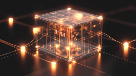 A D render of a transparent cube filled with binary code, connected to other cubes by glowing linesの素材