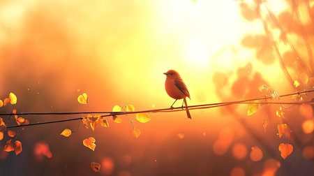 A bird perched on an electric wire during sunrise, with golden light casting soft shadowsの素材