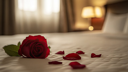 A close-up shot of a red rose on a white bed, with a soft focus on the petals and a romantic ambiance in the backgroundの素材