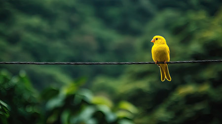 A bright yellow canary sitting on an electric wire, with the lush green forest belowの素材