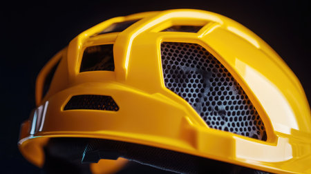 A close-up of a yellow safety helmet, with clear details of its sturdy plastic design and adjustable strapsの素材