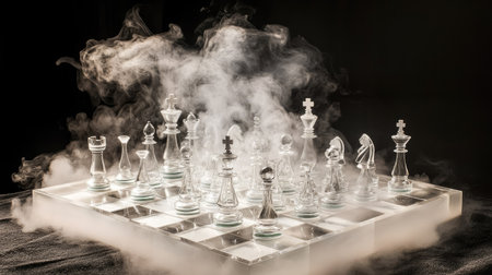 A chessboard with glass pieces partially immersed in smoke or mist, creating a mysterious and dramatic sceneの素材