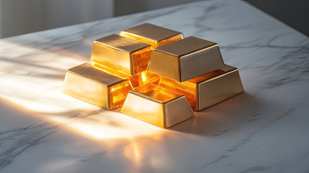 A close-up of gold bars stacked on a white marble surface, reflecting warm light in a minimalist settingの素材