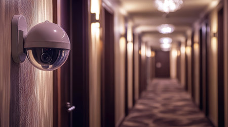 A CCTV camera installed inside a hotel hallway, overseeing guest room doors and common areas for securityの素材
