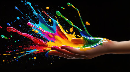 A child's hand splashing vibrant paint onto a blank canvas, symbolizing creativity and playの素材
