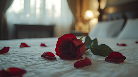 A close-up shot of a red rose on a white bed, with a soft focus on the petals and a romantic ambiance in the backgroundの素材
