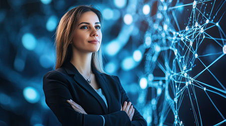 A businesswoman standing in front of a holographic blockchain network displayed on a futuristic screenの素材