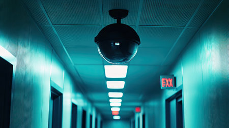 A CCTV camera installed in the ceiling of a corridor, with clear visibility of the building's interior and exit signsの素材