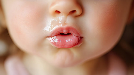 A close-up of a baby girl's tearful face, her bottom lip trembling with emotionの素材