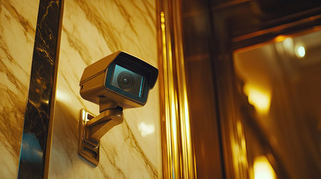 A close-up of a high-definition CCTV camera installed in the corner of a hotel lobby, monitoring guests and visitorsの素材