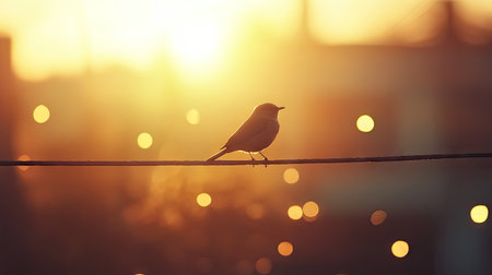 A bird perched on an electric wire during sunrise, with golden light casting soft shadowsの素材