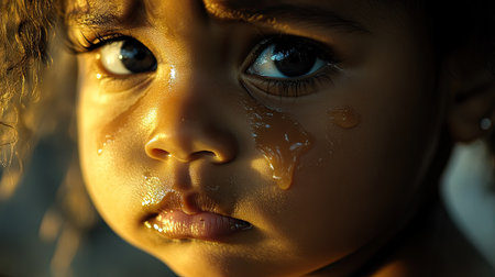 A close-up of a baby girl with tears streaming down her cheeks, her face scrunched up in sadnessの素材