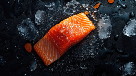 A close-up of a raw salmon fillet with natural marbling, placed on a cold bed of ice, surrounded by small droplets of waterの素材