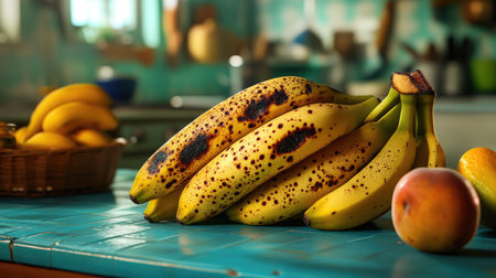 A bunch of overripe bananas with dark spots on the peel, surrounded by other fruits in a vibrant kitchen settingの素材