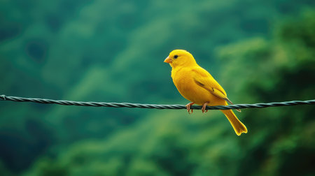 A bright yellow canary sitting on an electric wire, with the lush green forest belowの素材