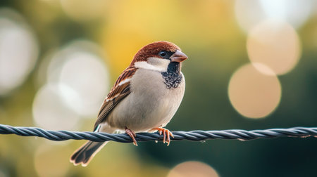 A close-up of a small bird perched on a wire, with soft bokeh and greenery in the distanceの素材