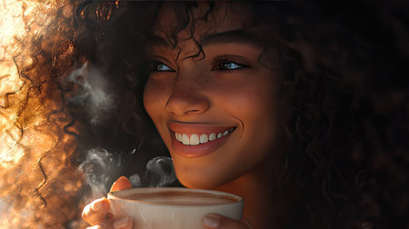 A close-up of a woman with luxurious long curly hair, framed by soft lighting, smiling as she enjoys a warm drinkの素材