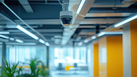A close-up of a CCTV camera installed on the ceiling of a modern office building, capturing a wide view of the workspace belowの素材